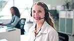 Smile, face and woman call center consultant in office talking for online ecommerce consultation. Happy, technical support and portrait of female customer service agent speaking for crm at workplace.