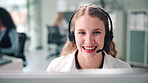 Smile, telemarketing and woman consultant in office talking for online ecommerce consultation. Headset, technical support and female customer service agent speaking for crm contact at workplace.