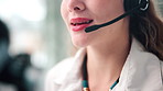 Customer service, woman and closeup with headset in office for telemarketing, ecommerce or crm support. Consultant, microphone and technology with conversation for consulting, help and communication