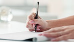 Pen, notebook and hands of woman writing in office for research on creative project. Ink, paper and closeup of female person working on schedule, agenda or appointment in diary at workplace.