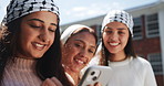 Female friends, mobile or post on social media, update or communication as bonding together to relax. Gen z, Muslim women or phone to share, viral meme as support of online activism to free Palestine