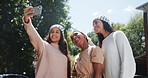Selfie, smile and woman friends in garden outdoor for summer fun, memory or bonding together. Phone, social media profile picture and group of happy young people in park for mobile photograph