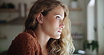 Woman, stress and sad in home thinking alone of memory or depressed of grief or overwhelmed, worry and anxiety. Female person, emotional and thoughts of broken heart, unhappy and mental health