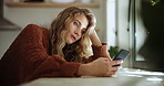 Woman, tired and depressed with smartphone in home, message or social media for browsing. Cell phone, break up or heart broken female person, stressed and mental health or grief with technology