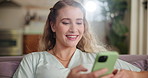 Relax, sofa and happy woman in home with phone for communication, networking and internet connection. Smile, contact and girl on couch with smartphone for social media, online chat or mobile app  
