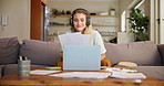 Research, education and student with laptop or headphones in living room, studying and finding information for assignment. Female person, papers or notes and computer for learning for exam or test