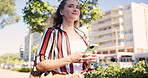 Woman, phone and smile with commute, walk and travel for urban street or campus. Student, smartphone and app for social media, communication and technology with text and internet message for network