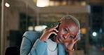 Office, black woman and phone call with headache for stress, overtime and deadline for financial budget. Accounting, female person and smartphone with anxiety for discussion, pain and tired at night
