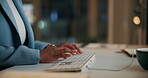 Night, closeup and businesswoman with hands on keyboard for audit deadline, overtime and financial planning. Black person, typing and accountant with technology for budget, digital report or research