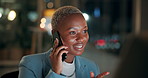 Night, business or black woman on a phone call speaking, networking or talking in office. Computer, mobile communication or happy African entrepreneur in conversation, discussion or negotiation offer