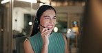 Office, consultant and smile at night for customer service, telemarketing and digital support. Headset, woman and technology at call center for communication, discussion and conversation with client