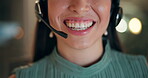 Night, mouth or virtual assistant woman in call center talking, consulting or networking online in telecom. Smile, closeup or happy sales agent in communication or conversation at customer services