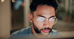 Thinking, glasses and business with man, computer and online reading with reflection, tech or project with deadline. Person, evening or accountant with eyewear or clear vision with email notification