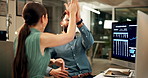 High five, winning or business people on computer for stock market goal, achievement or profit target online. Success, teamwork or excited traders trading with bonus prize for investment news growth