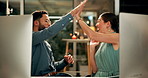 High five, winning or happy people trading on computer for stock market goals, achievement or profit target online. Success, teamwork or excited traders in office with bonus prize for investment news