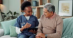 Tablet, healthcare and nurse in home by senior man, internet and communication on wellness on sofa. African caregiver, elderly person and technology for learning or help and trust in chronic illness