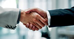 Meeting, handshake and business people in office for interview, welcome or onboarding for b2b collaboration. Partnership, shaking hands and men in planning for proposal agreement, consulting or deal.