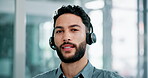 Man, face and headphones with microphone for video call, seminar or conference with virtual meeting and discussion. Chat, communication and portrait for corporate training online, elearning and tech