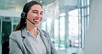 Woman, headset or smile in helpdesk, call centre or telemarketing as crm, communication or support. Female consultant, tech or phone to explain, advice or business sales by telecom and customer care