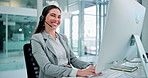 Business woman, consultant and headset in office for call center, customer service or telemarketing. Support, face and happy employee at computer for communication, advice or crm in help desk agency