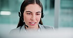 Woman, headset or help desk as thinking, planning or answer to question as professional crm solution. Female customer care agent, mic or call as support, idea or advice to solve business problem