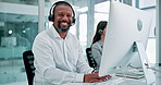 Man, face and call centre agent by computer for consulting, telemarketer and insurance hotline. Black person, communication and helpdesk for sales company, representative and laughing in portrait