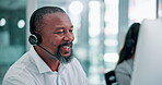 Man, headset and call centre agent by computer for consulting, telemarketer and insurance hotline. Black male person, communication and helpdesk for sales company, representative and call operator