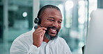 Man, headset and call centre support by computer for consulting, telemarketer and insurance hotline. Black male person, communication and helpdesk for sales company, representative and call operator