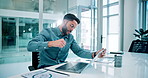 Young businessman, angry and breaking a laptop in office, failure and frustrated for decline in stock assets. Professional trader, rage and vandalism of company property and loss in forex in market
