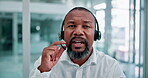 Man, headset and call centre face for consulting, telemarketer and insurance hotline. Black male person, communication and helpdesk for sales company, representative and operator in portrait to talk