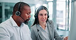 Woman, coworkers and computer with man and headset, teamwork and collaboration in call centre with mentor in conversation. Discussion, internet with online information, coaching and telemarketing