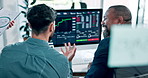 Business people, screen and trading with men, invest or explain stock market with global trade. Back, brokers or teamwork with computer, graphs or advice for finance, charts or analytics with pattern