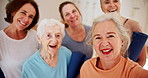 Selfie, smile and senior friends in yoga class together for health, wellness or solidarity in retirement. Digital photography, face and group of happy elderly women in gym at nursing home for fitness