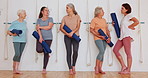 Fitness, yoga and mature women together in class for health, wellness and exercise with confidence. Discussion, workout and group of senior people in pilates studio for chat, community and body care