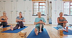 Fitness, yoga class and senior women for wellness, healthy body and stretching on floor. Retirement, pilates club and elderly people on sports mat for exercise, workout and training in gym studio