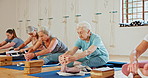 Fitness, yoga and elderly women stretching for wellness, healthy body and active lifestyle on floor. Retirement, pilates and elderly people on sports mat for exercise, workout and training together