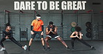 Stretching, fitness and people in gym for exercise, bodybuilder training and cardio workout. Motivational quote, sports mockup and men and women do leg lunges for wellness, health and performance