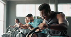 Bike, gym and people with exercise, black man and challenge with training and progress with wellness. Health, group and equipment with energy, fitness and cardio with endurance or elliptical machine