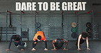 Fitness, jump push up and athletes in gym for health, wellness and body muscle workout. Diversity, sports and group of people with action for training, exercise or practice for challenge together.