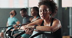 Face, bike or woman on gym break with fatigue, fitness and wellness in endurance workout. Cardio exercise, tired lady and exhausted female athlete breathing in training to relax for recovery in class