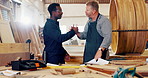 Wood, men and carpenter or plan with handshake for design blueprint, well done and small business manufacturing. Teamwork, paperwork and architect with success for remodeling layout for production