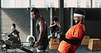 Fitness, dumbbell and people in gym with muscle workout, accountability and tired for hard work or heavy training. Men and a bodybuilder with exercise and endurance or motivation for arm equipment