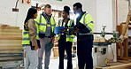 People, diversity and teamwork at warehouse or factory for feedback, discussion and briefing. Collaboration, logistics and file with information for manufacturing or distribution and company growth