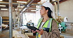 Asian woman, inspection and tablet at warehouse or factory for notes as worker. Logistics, employee and technology with checklist for manufacturing, distribution business and check information

