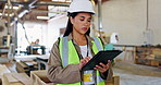 Asian woman, employee and tablet at warehouse or factory to count stock or material. Logistics, supplier and technology with checklist for manufacturing, distribution business and check information

