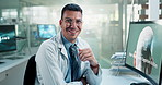 Scientist, man and face or smile in laboratory with computer for cognitive study, medical research and test. Science, expert and technology or happy for healthcare report and knowledge investigation