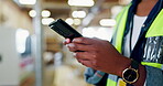 Construction, warehouse and closeup of architect with smartphone for research, networking or update on project. Employee, depot and typing on technology for ecommerce, discussion or text message