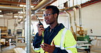 Logistics, black man and radio in warehouse for communication, delivery or distribution. Carpentry, inspection and male worker with transceiver for woodwork production, manufacturing or restoration