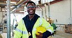 Construction, black man and happiness in factory for career in carpentry with wood for woodcraft or work. Male person, safety gear and materials or equipment for timber or lumber and woodworking.