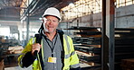 Mature man, manager and smile at factory or warehouse with building material for construction. Supplier, supervisor  and portrait with hammer in manufacturing and distribution business with happiness